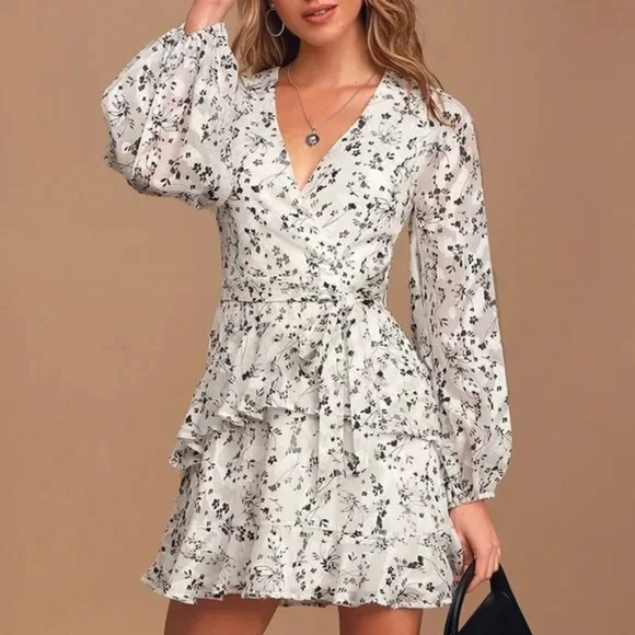 Lulu's White Floral Wrap Mini Dress with Long Bishop Sleeves - Picture 1 of 9